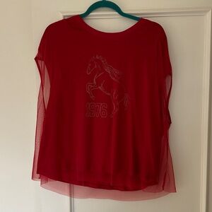 Pilcro Red Short-Sleeve Mesh Overlay Top with Horse Sketch